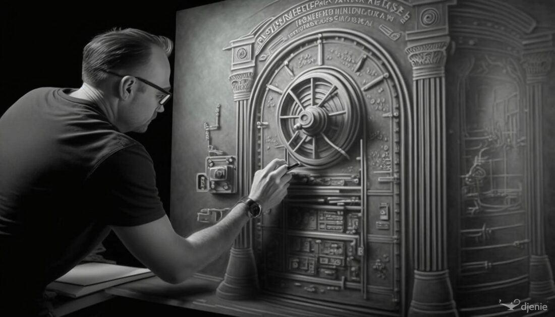 man in front of a safe. Represents a well defended system